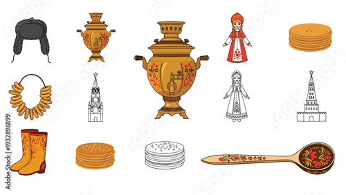 Assortment of traditional russian cultural items including a samovar, dolls, fur hat, boots, pancakes, a spoon, and architectural landmark icons.