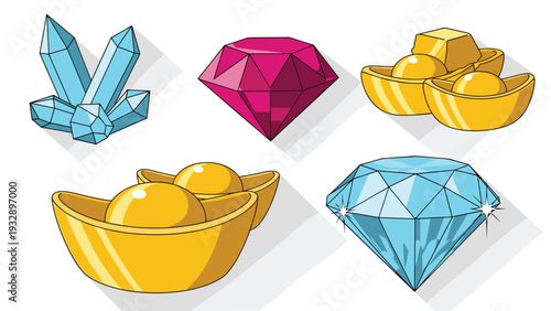 Collection of precious gems and gold ingots including colorful crystals a large ruby a blue diamond and traditional golden bowl shapes.