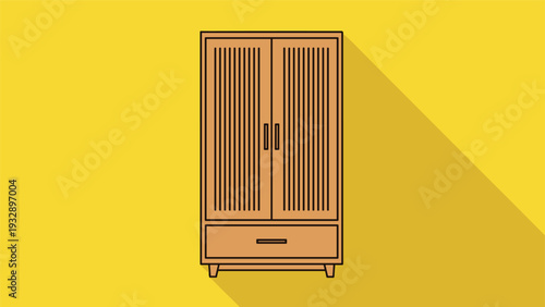 Classic wooden two door wardrobe with a bottom drawer presented as a flat vector illustration on a bright yellow background with long shadow.
