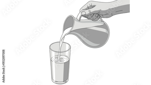 Grayscale illustration of a human hand pouring fresh milk from a glass pitcher into a transparent drinking tumbler on a white background.