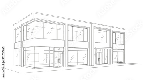 Architectural perspective drawing of a modern two-story commercial office building with large glass windows and minimalist structural design.