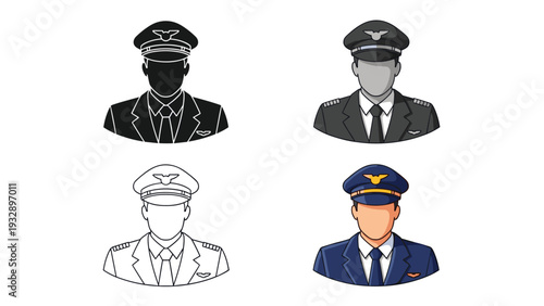 Pilot avatar collection featuring a uniformed male character in four distinct graphic styles including a full color vector and silhouette.