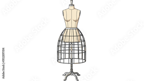 Vintage style dressmaker mannequin featuring a wire cage crinoline skirt support on a decorative iron stand for garment display.