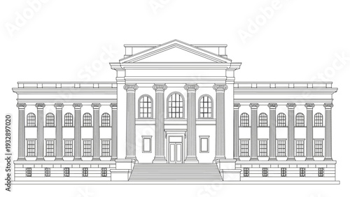 Detailed architectural line drawing of a grand neoclassical building facade with multiple columns large entrance stairs and tall windows.