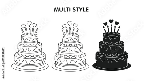 Three tier celebration cake shown in three different styles including a simple line drawing a detailed outline and a solid black silhouette.