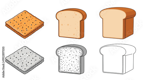 Bakery item collection featuring white and whole wheat bread slices alongside a square cracker in various artistic and graphic styles.