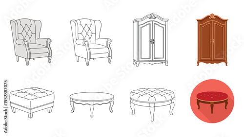 Assorted home furniture items shown in various styles including classic armchairs wardrobes and decorative ottomans or coffee tables.