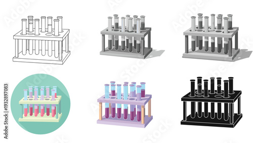 Laboratory test tubes in a rack shown in multiple graphic formats including color silhouettes grayscale and detailed line art outlines.