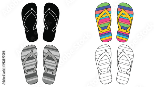 Striped summer flip flops in four different visual styles including solid black silhouette vibrant color grayscale and line art.