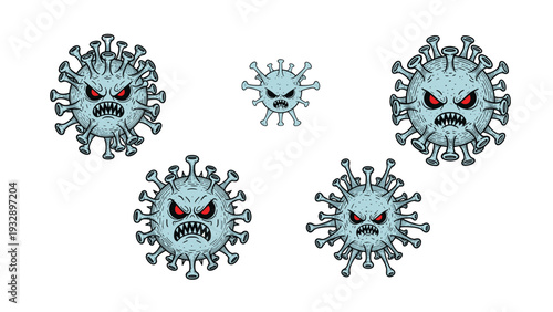 Group of five round virus or bacteria cells with angry red eyes and sharp teeth are illustrated in a blueish-gray color against a white background.