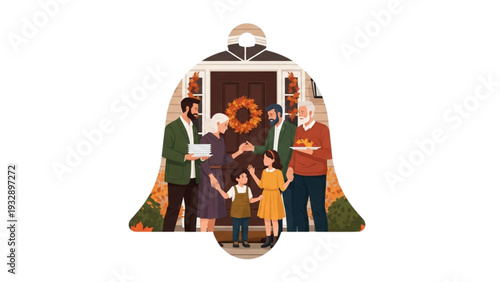 Family Gathering Illustration Featuring Multi Generational People Around Doorway