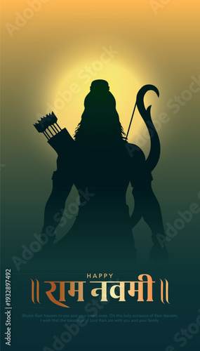 Shree Ram Navami, vector Illustration, silhouette of Lord Rama with bow arrow background, Social media post, Poster and Banner design template. Hindi Translation Meaning "Ram Navami".
