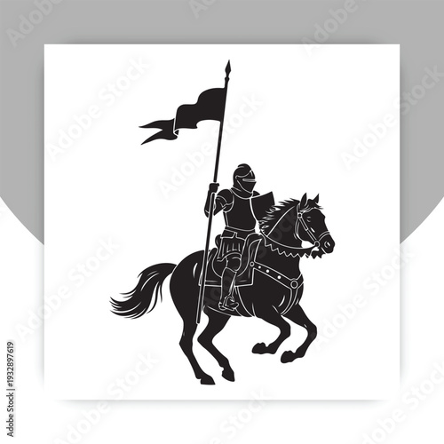 Medieval Knight on Horse Silhouette with Flag – Black Warrior Vector Illustration Isolated on White Background.