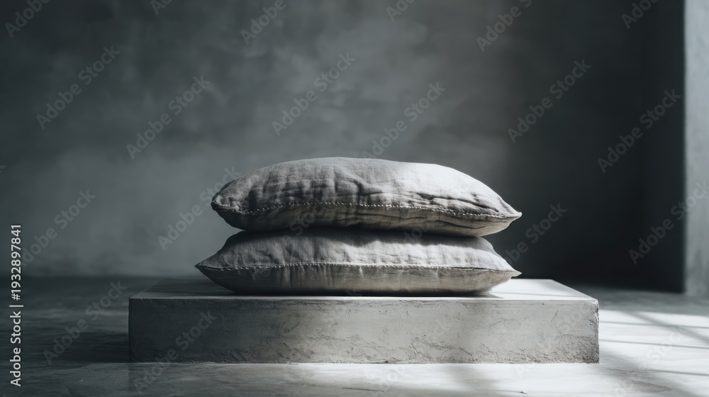 Obraz premium Stacked textured linen pillows in muted natural hue for serene home decor