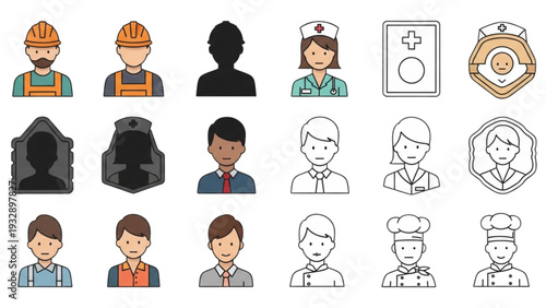 Collection of various occupations and professions illustrated in a grid layout with different styles and icons