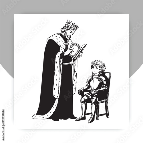 Medieval King Crowning Knight Vector Illustration, Royal Ceremony Line Art,