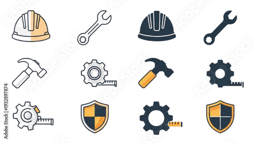 Collection of industrial icons including safety helmets and tools arranged in a grid layout
