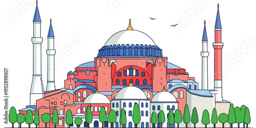 Hagia Sophia mosque landmark with domes and minarets historic Istanbul architecture vector illustration