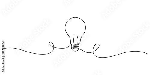 Minimalist, continuous single line drawing of a light bulb, symbolize ideas, creativity, and innovation