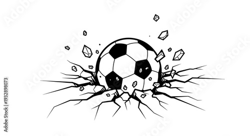 Powerful Soccer Ball Impact Cracking Ground Illustration on Isolated White Background