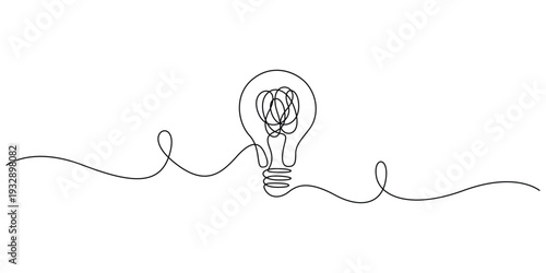 Minimalist illustration of a light bulb single continuous line, symbol for an idea or creativity