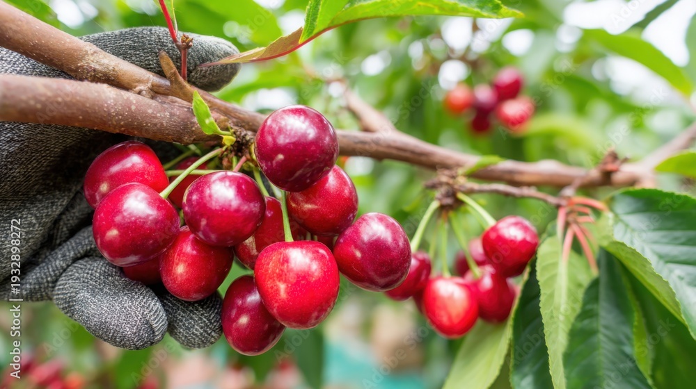 Obraz premium Close-up of gardener's gloved hands inspecting a cluster of ripe red cherries on a tree branch