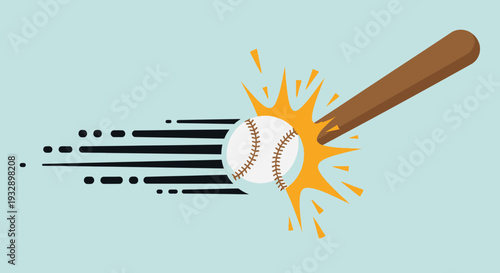 Baseball Bat Hitting Ball with Speed Lines on Light Blue Background