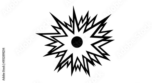 Abstract Explosion Starburst Icon with Black Dot, Isolated White Background