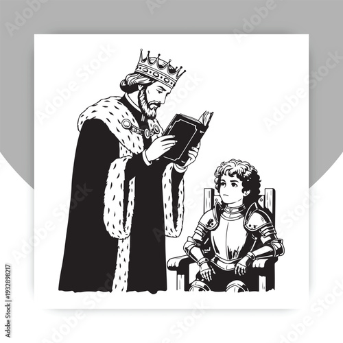 Medieval King Crowning Knight Vector Illustration, Royal Ceremony Line Art,