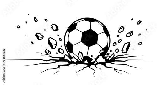 Dynamic Soccer Ball Crashing and Cracking Ground on Isolated White Background