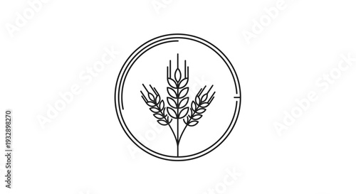 Minimalist Wheat Grains in Circular Frame Line Art on Isolated White Background
