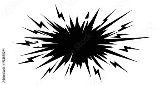 Abstract Black Burst Explosion with Lightning Rays on Isolated White Background
