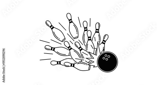 Bowling Ball Striking Pins Causing Explosion of Movement on Isolated White Background