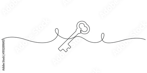 Minimalist continuous line drawing of a key, concepts of security, access, or solutions