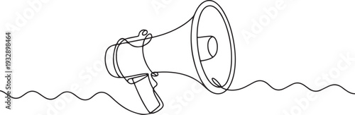 Continuous line drawing of a hand holding a megaphone with sound waves coming out.megaphone, loudspeaker, announcement, marketing, promotion, speaker, communication, broadcast, message, advertising