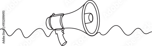 Continuous line drawing of a hand holding a megaphone with sound waves coming out.megaphone, loudspeaker, announcement, marketing, promotion, speaker, communication, broadcast, message, advertising