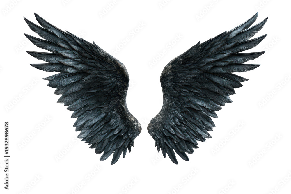 Fototapeta premium Dark feathered angel wings isolated on transparent background. Dark detailed feathered wings spread open isolated on white background.