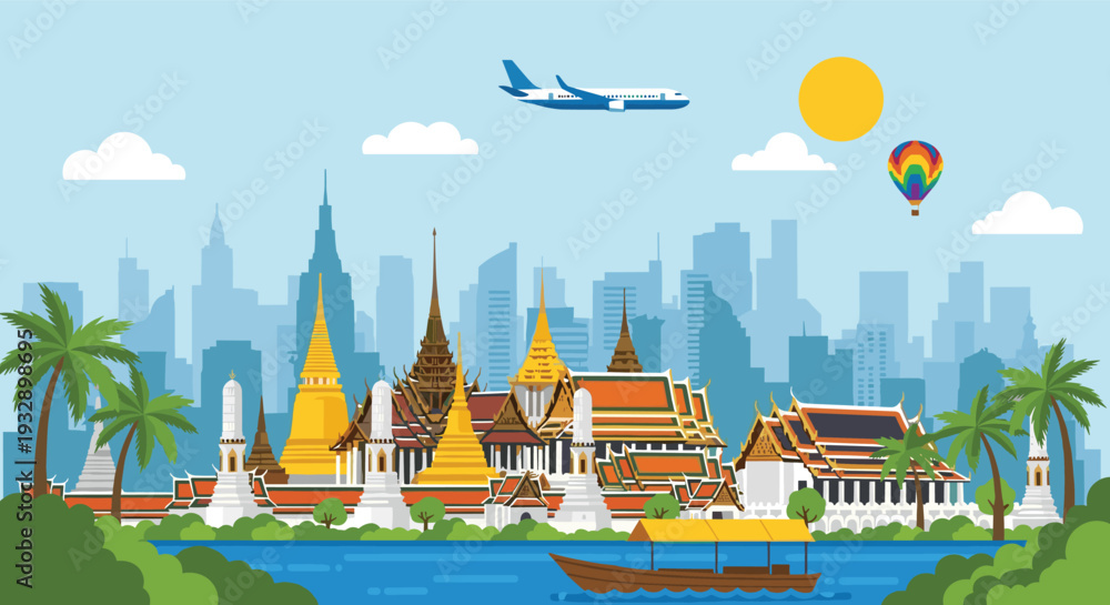 Obraz premium Thailand temple landscape with Bangkok city skyline traditional architecture travel tourism vector illustration
