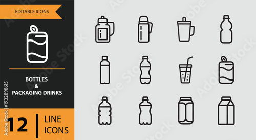 Professional Beverage Bottle and Liquid Packaging Outline Icon Set