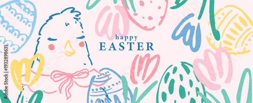 Easter design. Hand drawn cute eggs, flowers, chicken. Colorful vector spring illustration. Holiday card, banner, cover.