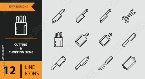 Essential Kitchen Cutting Tools and Chopping Equipment Outline Icons