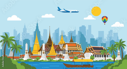 Thailand temple landscape with Bangkok city skyline traditional architecture travel tourism vector illustration