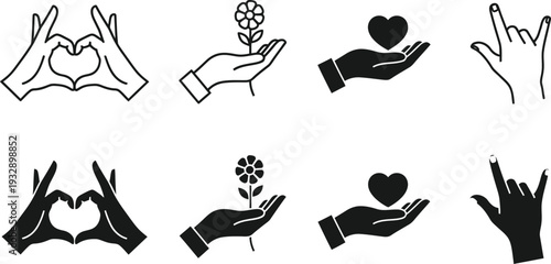 Icon bundle hand gesture symbols for love care and affection