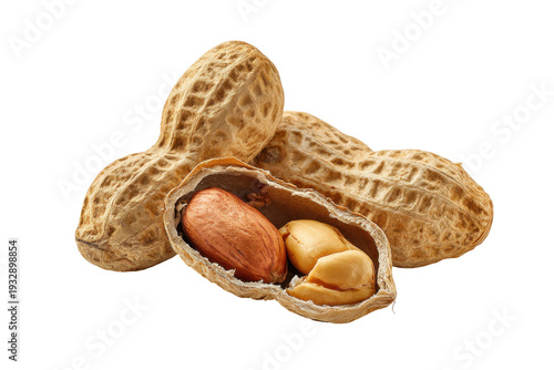 Peanuts in shell with one open showing kernels isolated on transparent background. Peanut cluster in shell with one open revealing nuts isolated on white background.