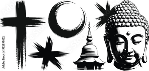 Religious symbols illustration set, Christianity cross Islam crescent Buddhism Buddha temple, spiritual faith icons vector collection