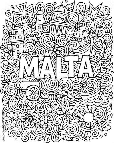 Malta hand drawn vector illustration doodle art line art coloring page for kids