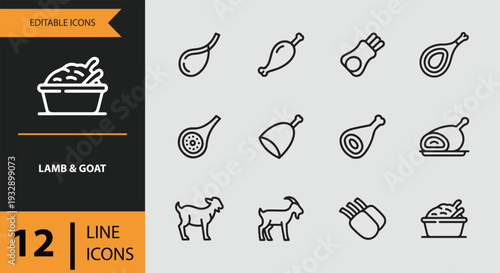 Butcher Shop Lamb and Goat Meat Cut Outline Icons