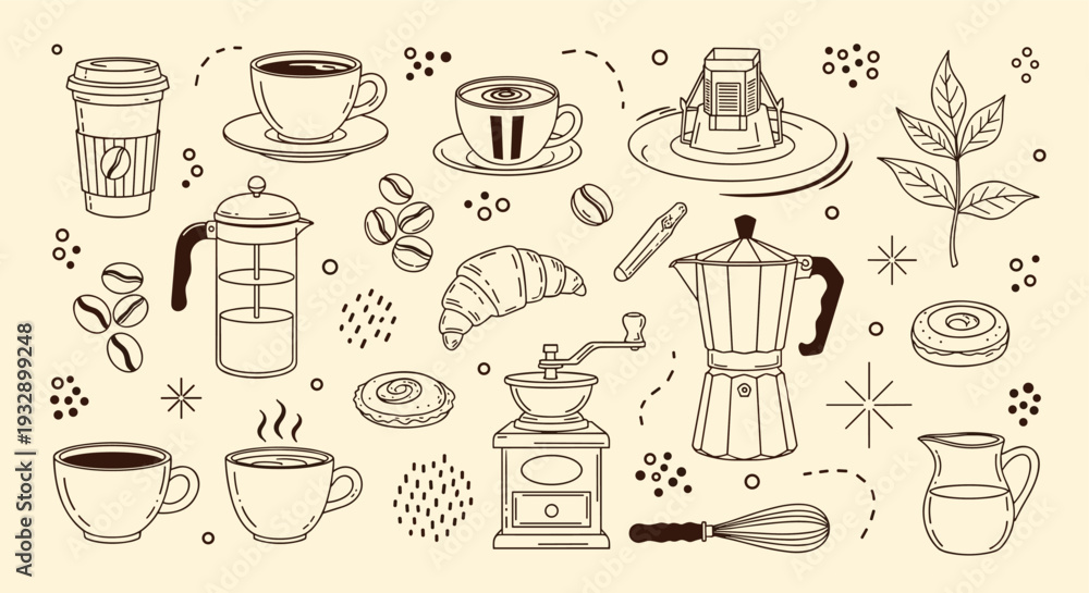 Obraz premium Artistic Doodle Collection of Coffee Shop Elements and Breakfast Pastries in a Warm Beige Palette