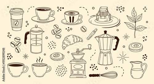 Artistic Doodle Collection of Coffee Shop Elements and Breakfast Pastries in a Warm Beige Palette