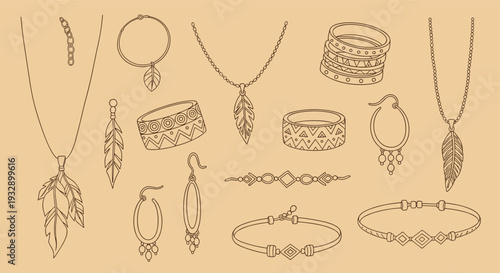 Bohemian Style Jewelry Collection Featuring Feather Pendants Bracelets Earrings and Necklaces on Beige Background